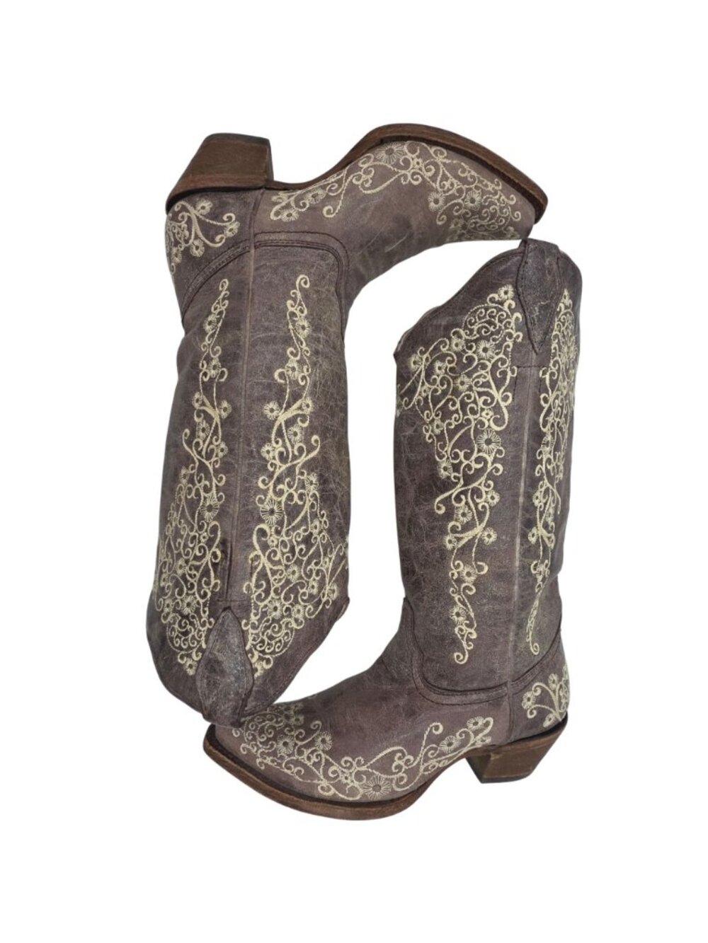 Corral Distressed Brown Leather Floral Cowgirl Western Boots Women 7M Snip Toe - Picture 4 of 16